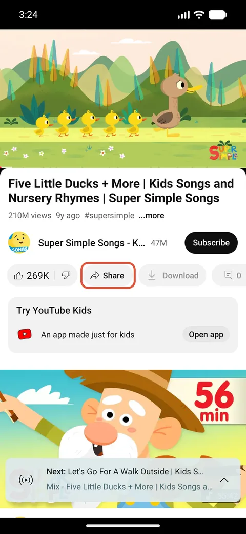 Android: 1. Open the video in YouTube and tap Share