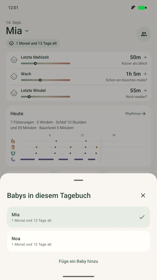 Die Ella-Babyauswahl zeigt zwei Babys über der Heute-Ansicht des ausgewählten Babys.