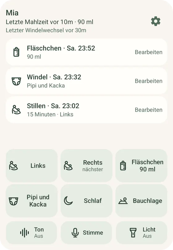 Ella Schnellzugriff Widget auf Android mit den Tasten Links und Rechts zum Stillen und den letzten Einträgen, Beispieldaten.
