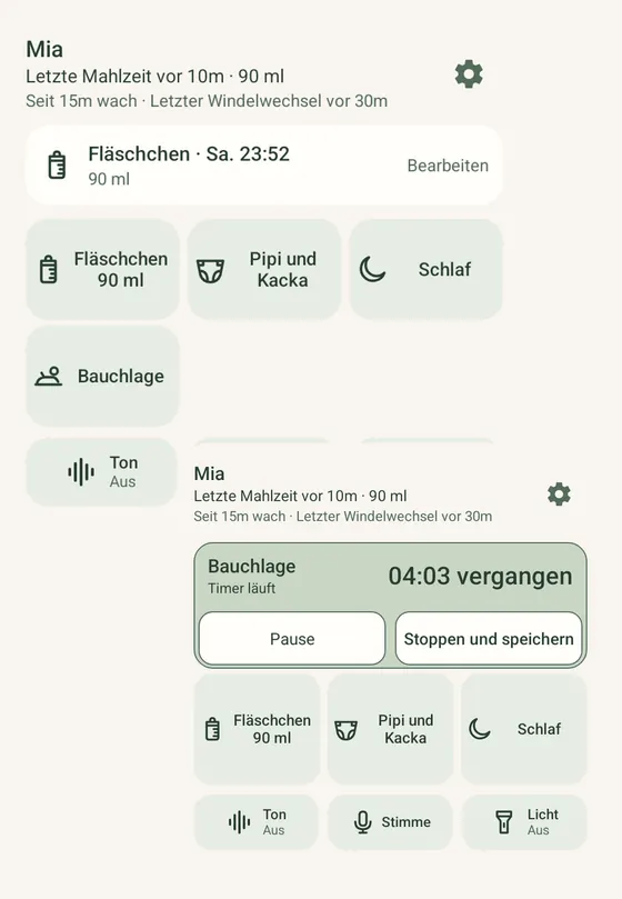 Zwei Ella Widgets auf Android: Schnellzugriff und ein Timer für die Bauchlage mit Pause sowie Stoppen und Speichern, Beispieldaten.