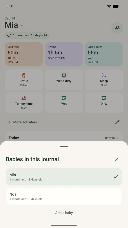 Ella with two babies: the switcher lists Mia and Noa, both 1 month and 13 days old, over Mia's Today screen.