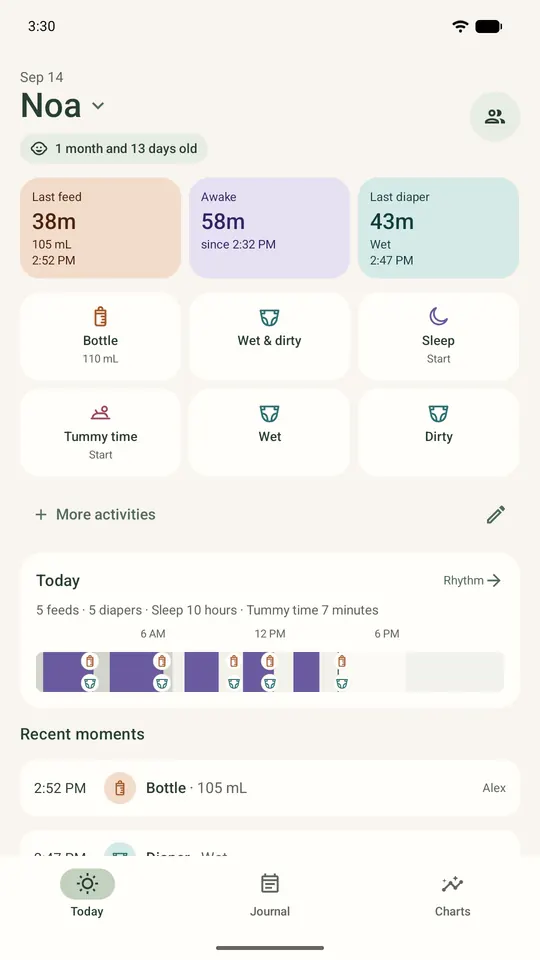 Noa's Today screen: last feed 38 minutes ago, awake 58 minutes, last diaper 43 minutes ago.