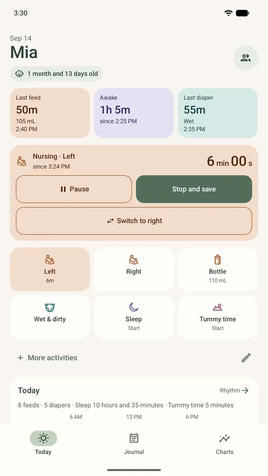 Today screen with a nursing timer running on the left side for 6 minutes, with Switch to right, Pause and Stop and save.