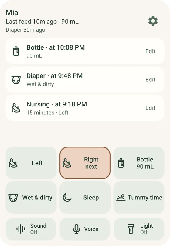 The Ella quick-log widget on Android, with Left and Right nursing buttons and recent entries, using example entries.