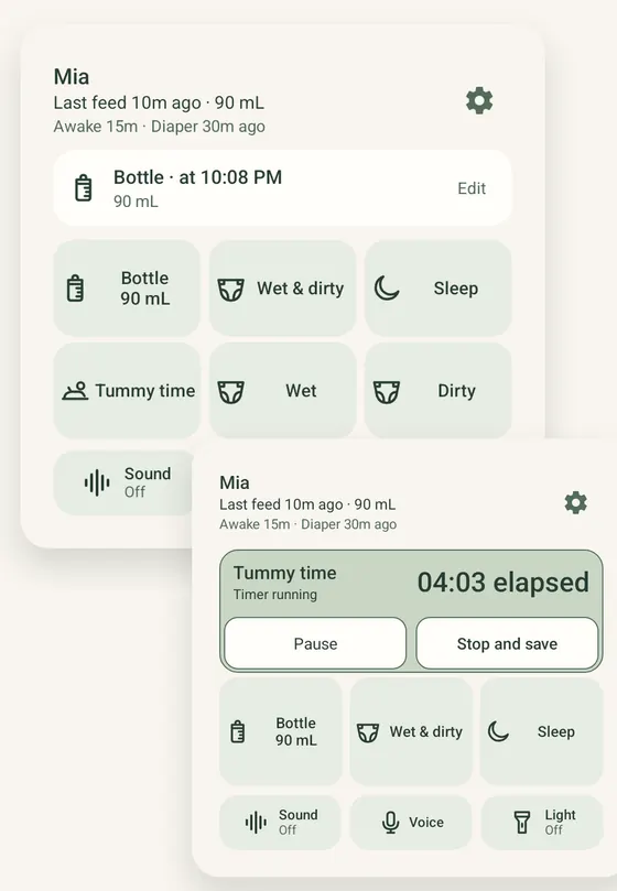 Two Ella widgets on Android: quick-log buttons, and a tummy-time timer with Pause and Stop and save, using example entries.