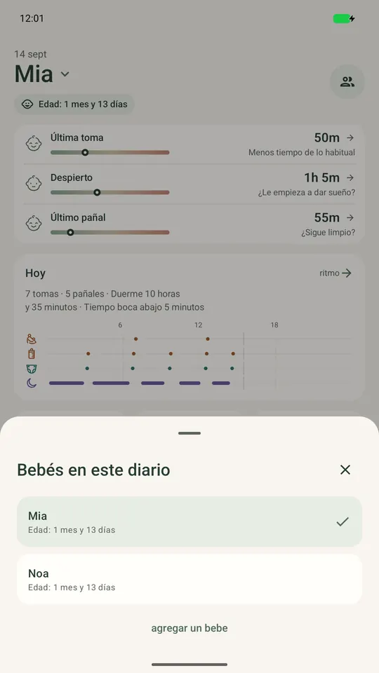 El selector de Ella muestra dos bebés sobre la pantalla de hoy del bebé seleccionado.
