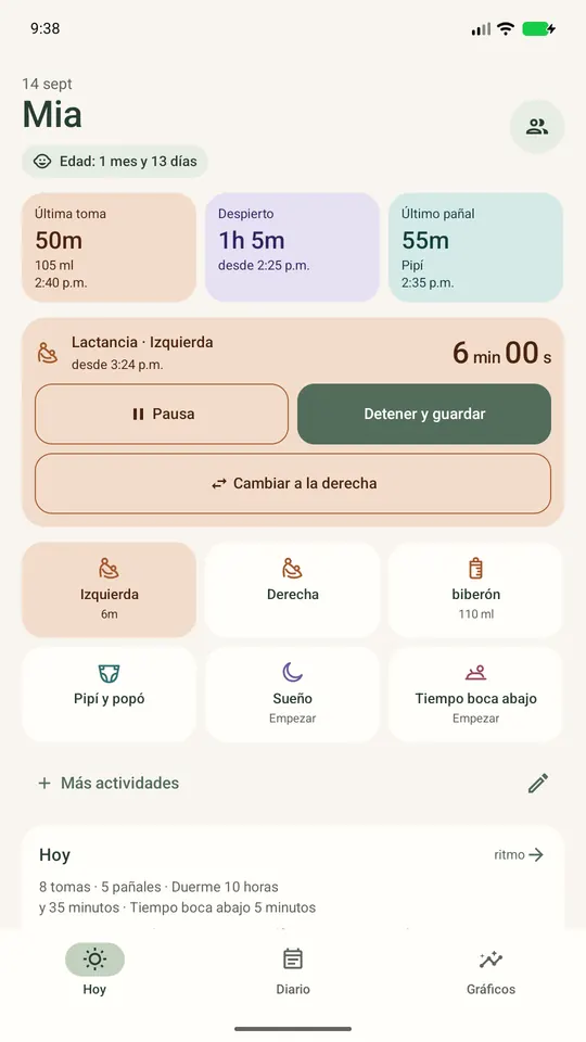Pantalla de hoy con el temporizador de lactancia activo en el lado izquierdo desde hace 6 minutos, con opciones para cambiar al derecho, pausar y terminar y guardar.