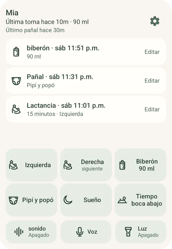Widget Ella para registrar rápido en Android, con botones Izquierda y Derecha para lactancia y los registros recientes, con datos de ejemplo.