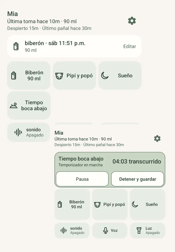 Dos widgets Ella en Android: accesos para registrar y un temporizador de tiempo boca abajo con opciones para pausar y terminar y guardar, con registros de ejemplo.
