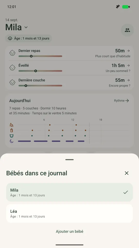 Le sélecteur Ella affiche deux bébés au-dessus de l’écran du jour du bébé sélectionné.