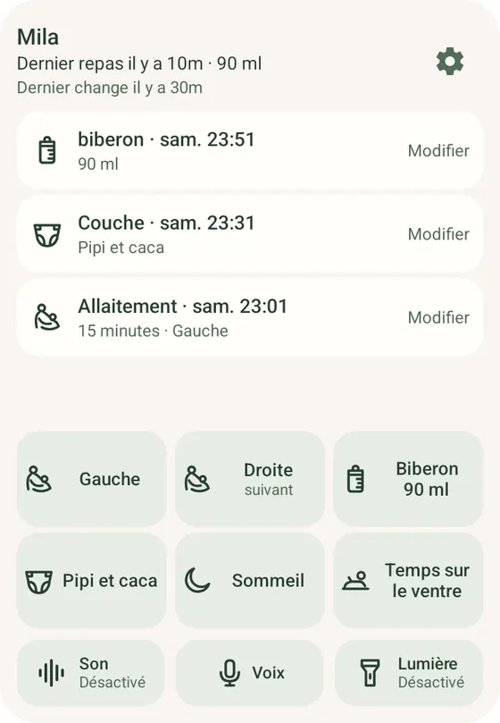 Widget Ella de suivi rapide sur Android, avec les boutons Gauche et Droite pour l’allaitement et les entrées récentes, avec des données d’exemple.