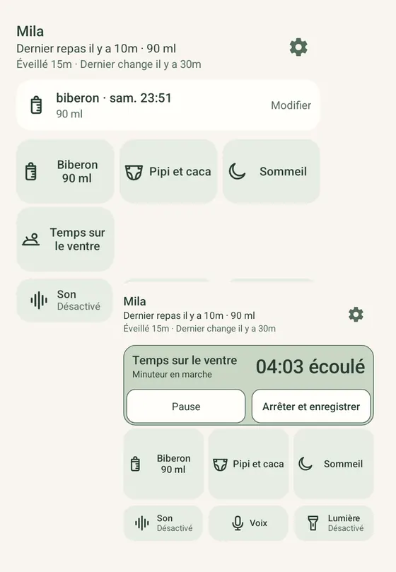 Deux widgets Ella sur Android : boutons de suivi rapide et minuteur de temps sur le ventre avec les boutons pause et terminer et enregistrer, à partir d’entrées d’exemple.