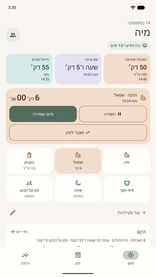 המסך ״היום״ עם טיימר הנקה שרץ בצד שמאל כבר 6 דקות, עם מעבר לימין, השהיה וסיום ושמירה.