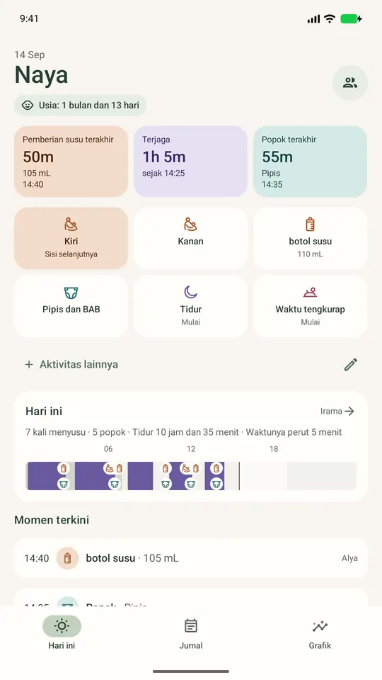 Layar Hari Ini Ella: waktu sejak sesi menyusui terakhir, lama terjaga, dan popok terakhir, dengan tombol catat cepat dan data contoh.