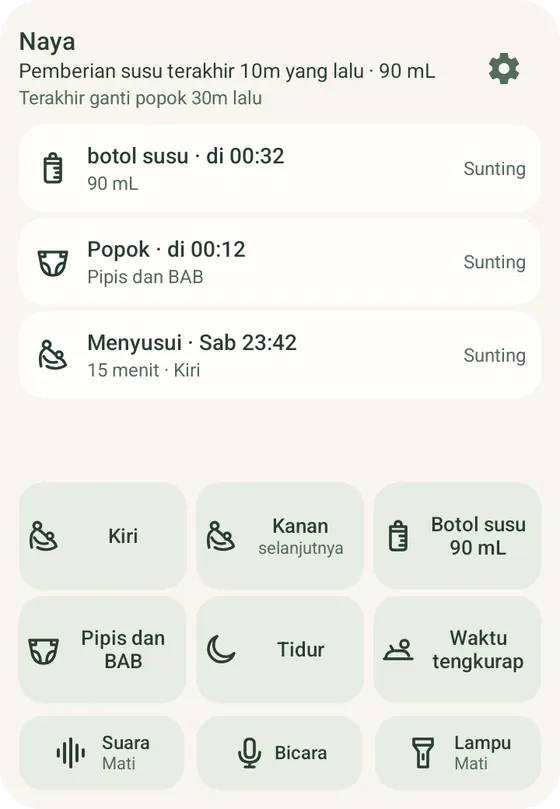 Widget catat cepat Ella di Android, dengan tombol Kiri dan Kanan untuk menyusui serta catatan terbaru, menggunakan data contoh.