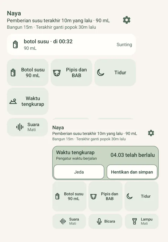 Dua widget Ella di Android: tombol catat cepat dan timer waktu tengkurap dengan tombol jeda dan akhiri lalu simpan, menggunakan catatan contoh.