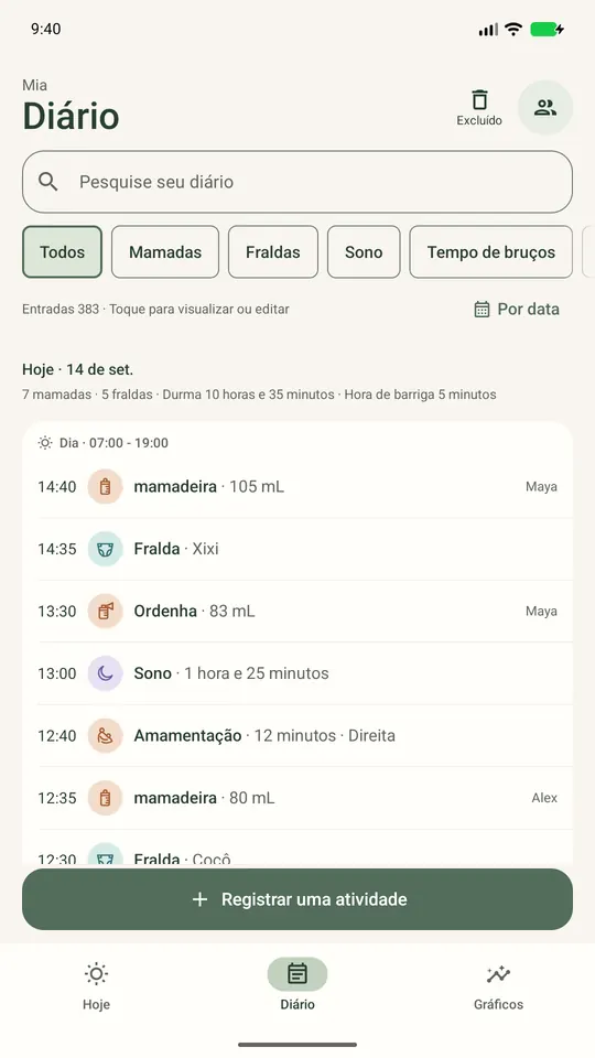 O diário compartilhado da família mostra as atividades e quem anotou cada uma, com dados de exemplo.