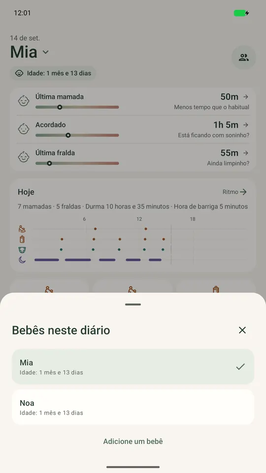 O seletor da Ella mostra dois bebês sobre a tela de hoje do bebê selecionado.