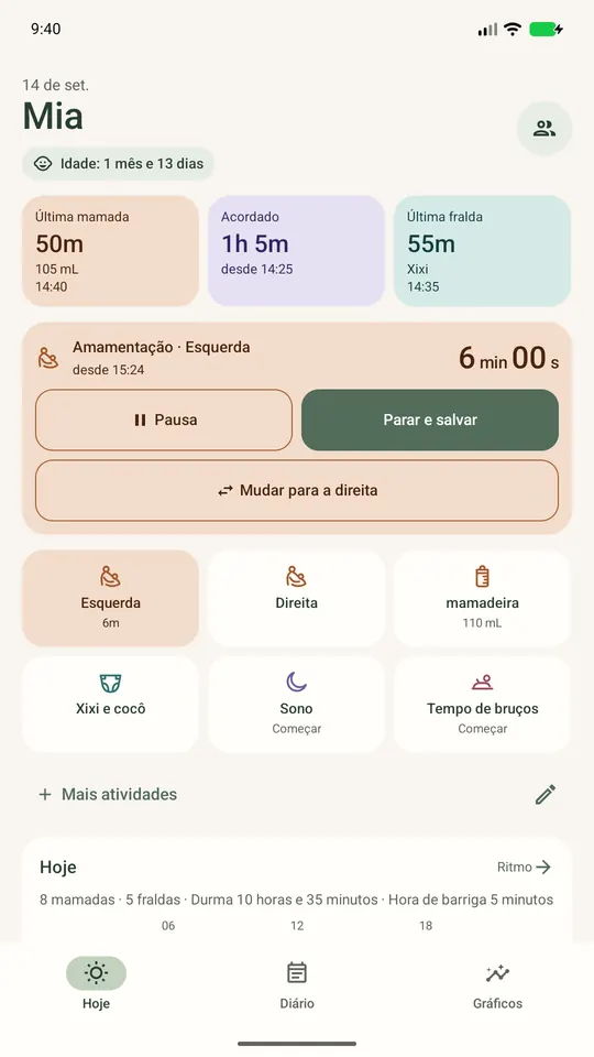 Tela de hoje com o timer de amamentação no lado esquerdo há 6 minutos, com opções para mudar para o direito, pausar e encerrar e salvar.