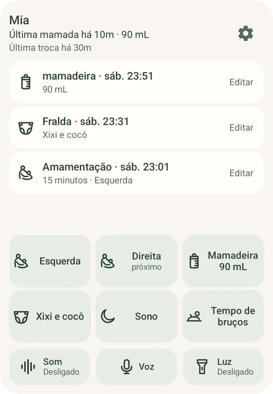Widget de registro rápido da Ella no Android, com botões Esquerdo e Direito para amamentação e os registros recentes, com dados de exemplo.