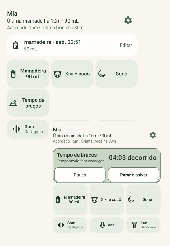 Dois widgets da Ella no Android: botões rápidos e um timer de tempo de bruços com opções para pausar e encerrar e salvar, com registros de exemplo.