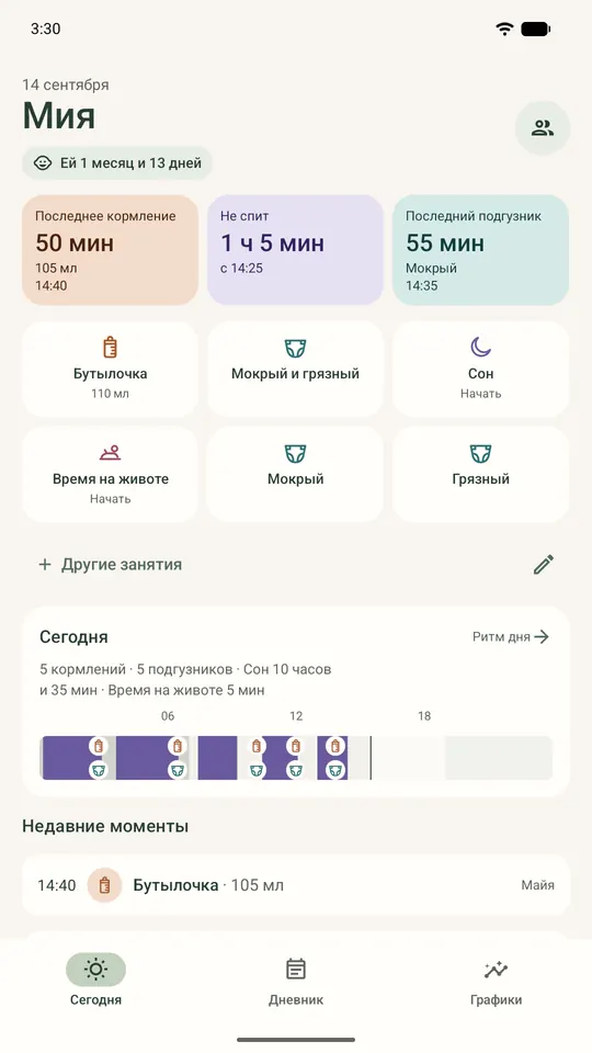 Экран «Сегодня» в Ella: время с последнего кормления, бодрствование и последний подгузник, с кнопками быстрой записи и примерами записей.