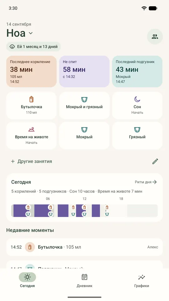 Экран «Сегодня» Ноа: последнее кормление 38 минут назад, бодрствует 58 минут, последний подгузник 43 минуты назад.