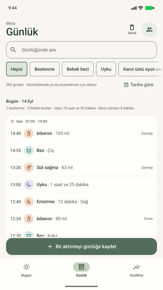 Ortak aile günlüğünde kayıtlar ve kimin eklediği, örnek kayıtlarla.