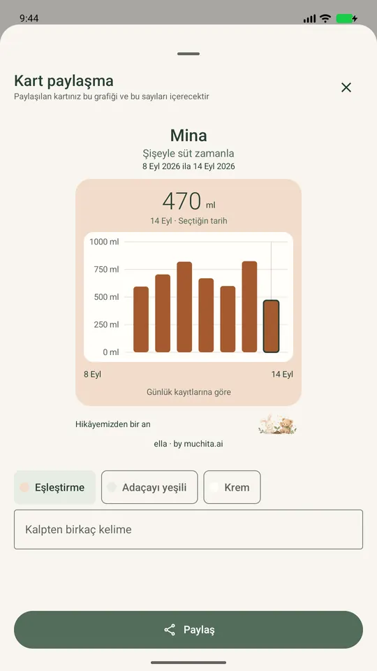 Aileye göndermeden önce biberon grafiği olan bir anı kartını paylaşma ekranı.