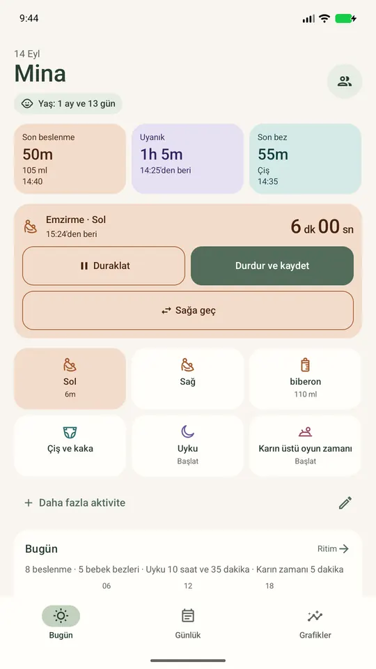 Bugün ekranında sol tarafta 6 dakikadır çalışan emzirme zamanlayıcısı. Sağ tarafa geç, duraklat ya da bitirip kaydet.