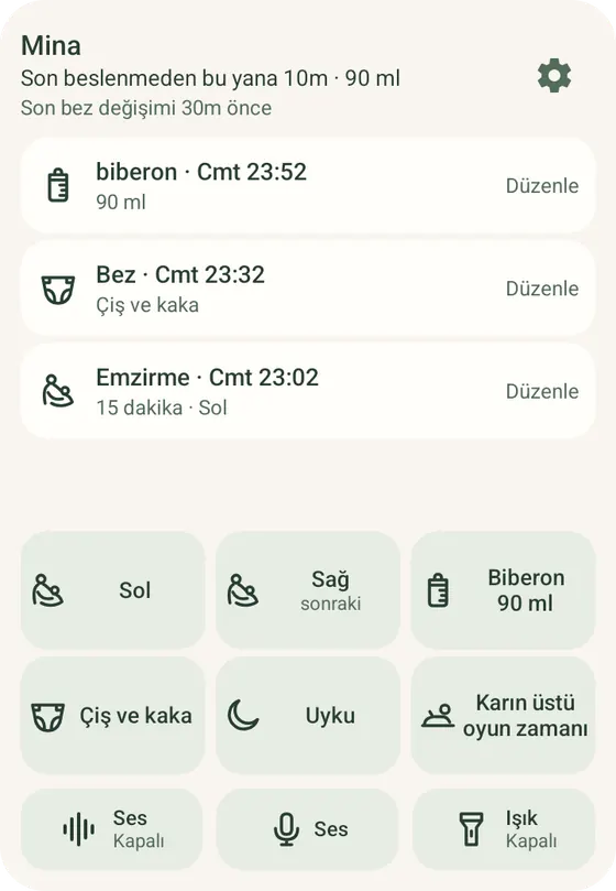 Android’de Ella hızlı kayıt widget’ı; Sol ve Sağ emzirme düğmeleri ile son kayıtlar, örnek verilerle.