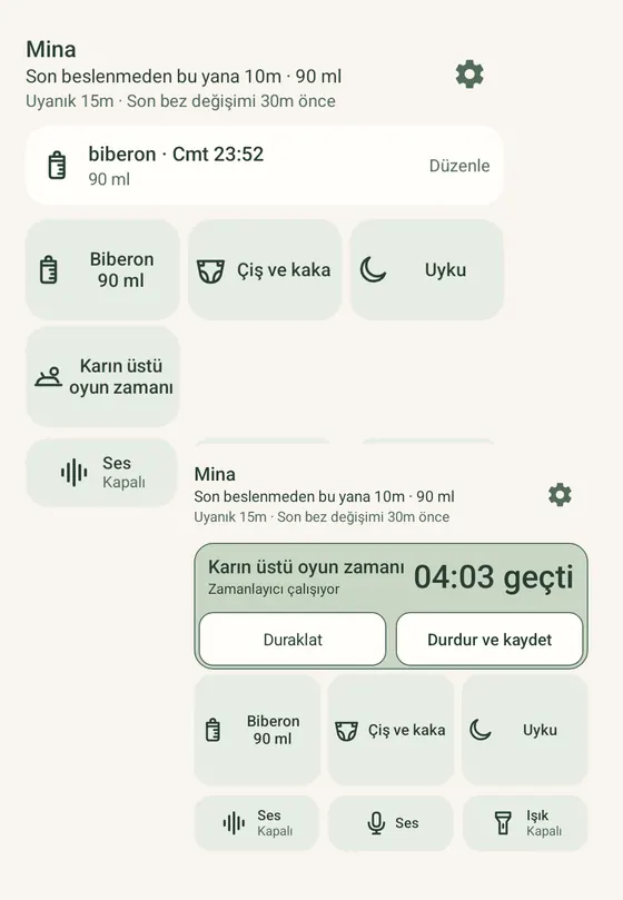 Android’de iki Ella widget’ı: hızlı kayıt düğmeleri ve Duraklat ile Bitir ve kaydet düğmeleri olan yüzüstü zamanlayıcısı, örnek kayıtlarla.