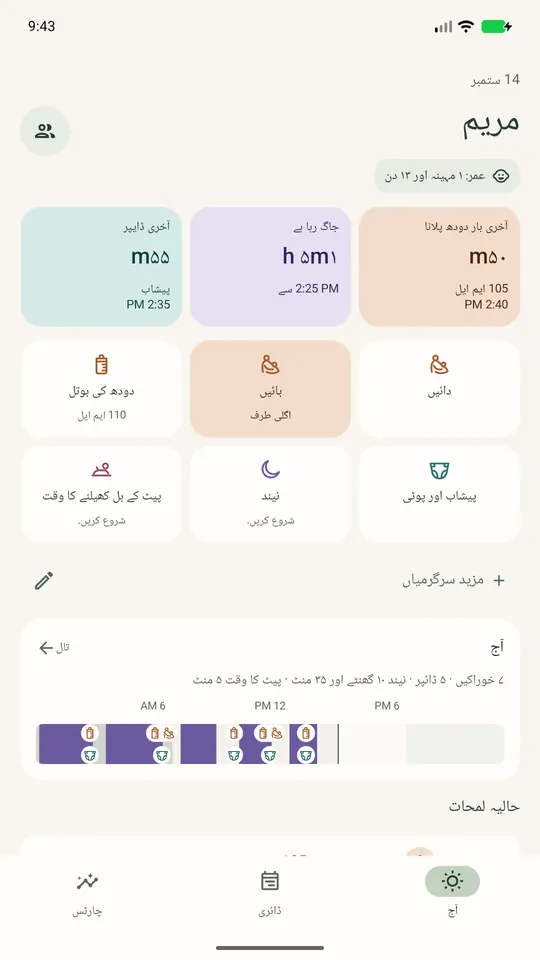 Ella کی آج کی اسکرین: آخری دودھ کے بعد کا وقت، جاگنے کا دورانیہ اور آخری ڈائپر، جلدی اندراج کے بٹن اور مثال کے اعداد۔