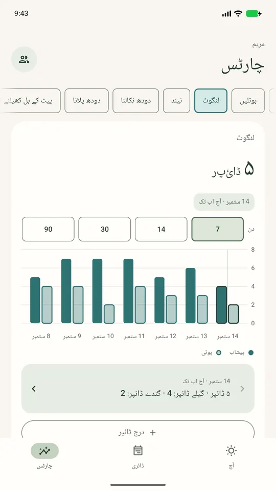 دن کے حساب سے ڈائپر: مثال کے طور پر گیلے اور گندے ڈائپر کے اندراج۔