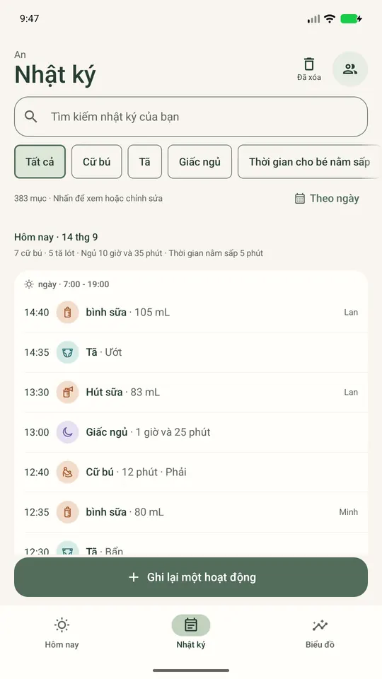 Nhật ký chung có các mục ghi và tên người đã ghi, với dữ liệu mẫu.