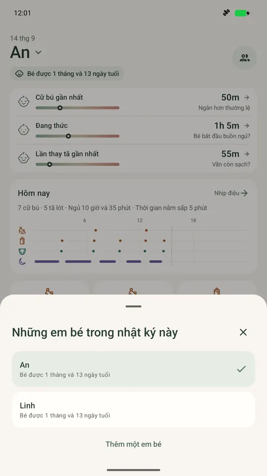 Danh sách chọn bé của Ella hiển thị hai bé phía trên màn hình Hôm nay của bé đang chọn.