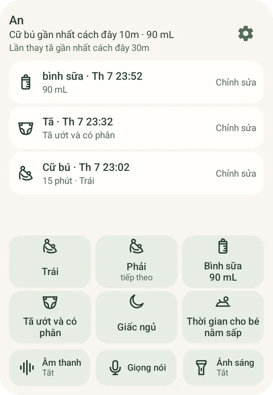 Widget ghi nhanh Ella trên Android với nút bú bên Trái và Phải cùng các mục gần đây, dữ liệu mẫu.