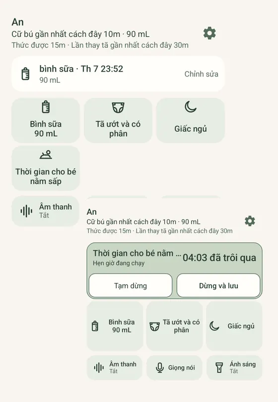 Hai widget Ella trên Android: nút ghi nhanh và bộ đếm giờ nằm sấp có nút Tạm dừng và Kết thúc và lưu, với dữ liệu mẫu.
