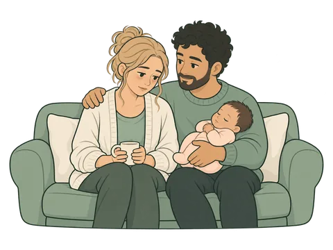 رسم لأم متعبة مع كوب شاي، وشريكها يحمل الطفل بجانبها.