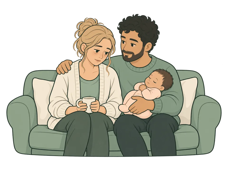 Illustration of a tired mother with tea, her partner holding the baby beside her.