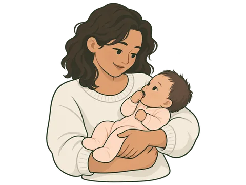 رسم لطفل يضع يده قرب فمه ويلتفت نحو أحد والديه.