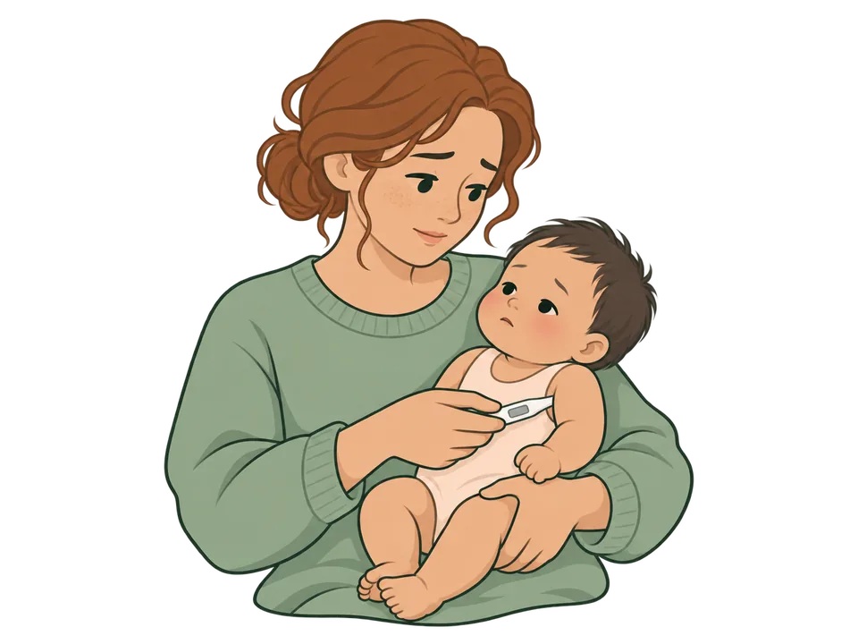 Illustration of a parent checking a baby's temperature with a digital thermometer.