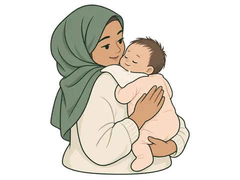 رسم لأحد الوالدين يساعد طفله على التجشؤ على كتفه.