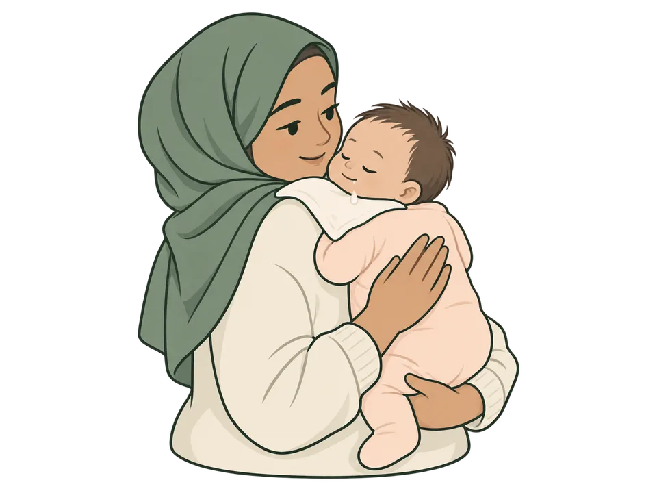 Illustration of a parent burping a baby over the shoulder.