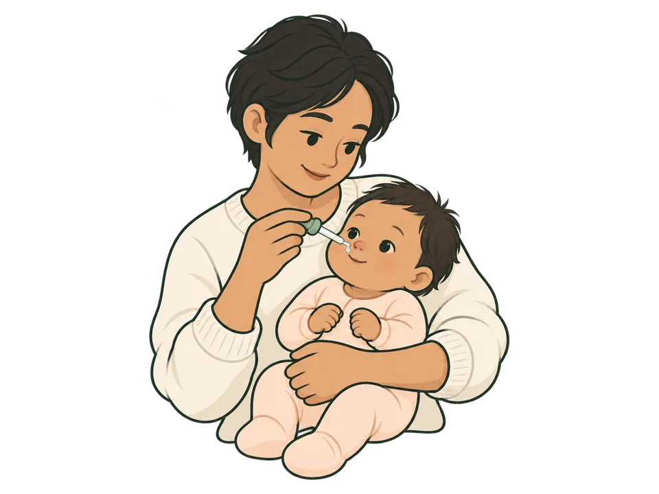 Illustration of a parent giving saline drops to a baby held upright.
