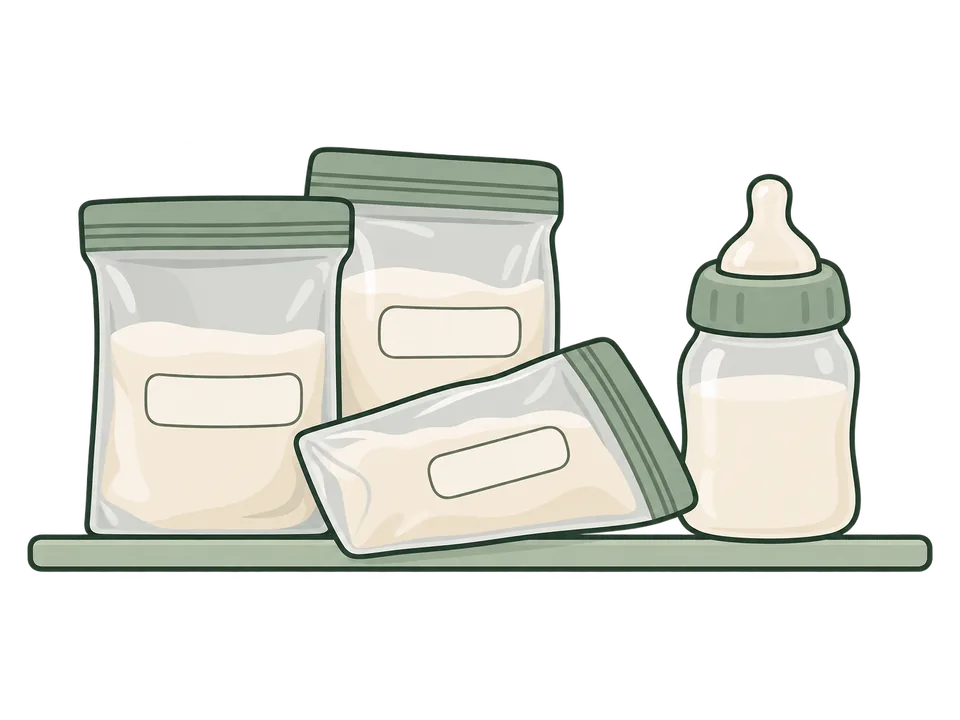 Illustration of breast milk storage bags and a bottle.