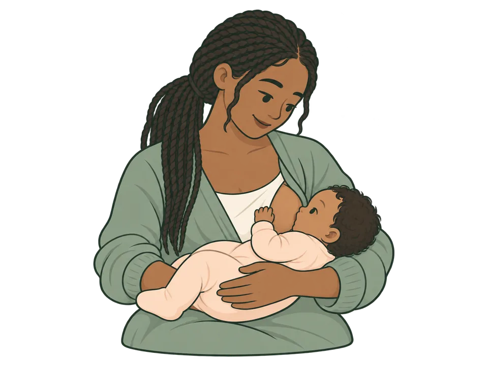 Illustration of a mother breastfeeding a newborn in a cradle hold.