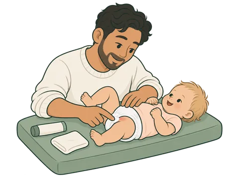 رسم لأحد الوالدين يضع الكريم أثناء تغيير الحفاض.