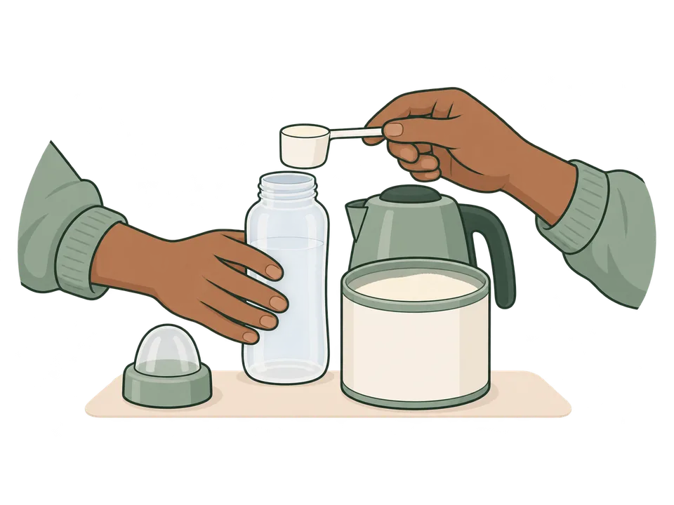 Illustration of a parent measuring a level scoop of formula into a bottle.