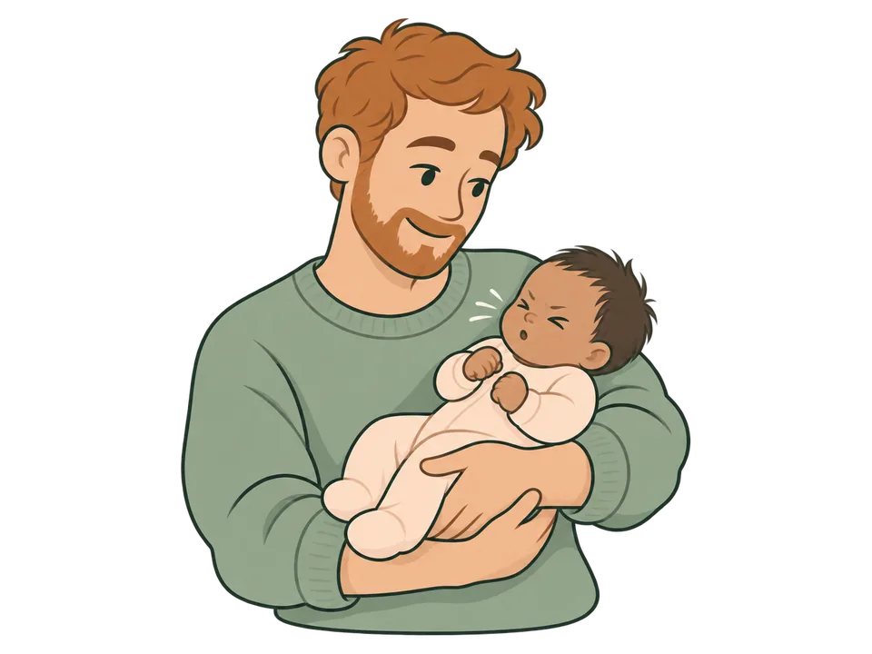 Illustration of a parent smiling at a sneezing newborn.